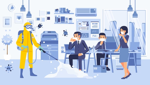 illustration of office room sprayed with disinfectant to kill the virus and bacteria, people wearing hazmat suit sprayed the disinfektant vector