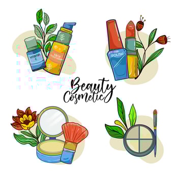 Set of compositions with natural organic cosmetic products in bottles, jars, tubes for skincare. Flat lay photography of skincare products vector