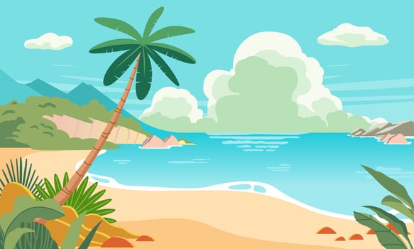 Beach landscape illustration with many beach plant, sunny day in summer time with blue skies and cloud vector