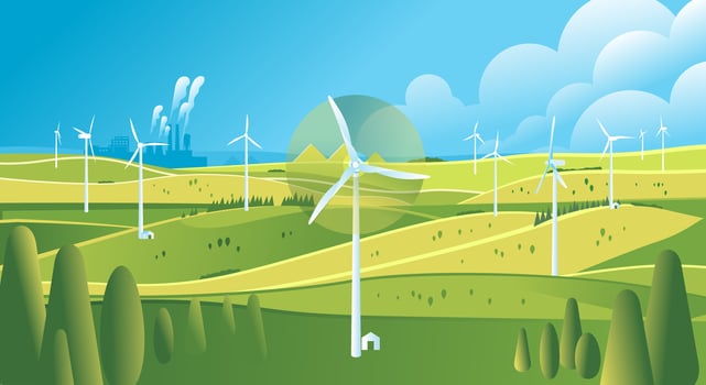 Landscape with wind turbines windmills Sustainable renewable green energy concept Scenery with eco-friendly electricity resources field mountain hills summer vector