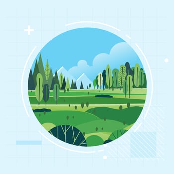 Natural green spring landscape park or forest outdoor background with mountains Environmentally friendly natural flat illustration circle frame vector
