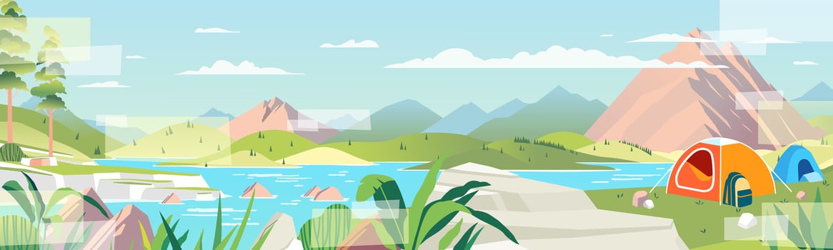 Mountain river landscape panoramic spring summer beautiful nature, meadow green hills with forest, blue lake, rock, tress, and mountains on horizon background vector
