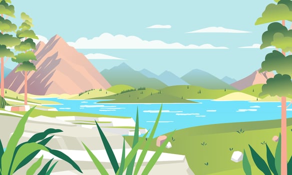 beautiful landscape illustration with mountainous, lake and broad green hill vector