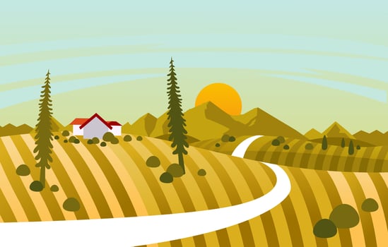 house on the hill with beautiful landscape in sunset vector illustration