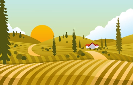 sunset view in country side with house in the middle of green field vector illustration