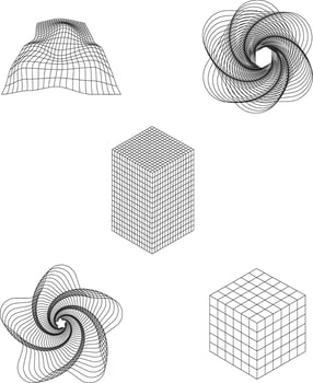 Futuristic Wireframe Shape With Wave Lines. Isolated Vector Set.