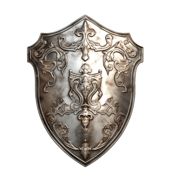An ancient silver shield isolated on transparent background. PNG file, cut out. AI Generated