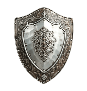 An ancient silver shield isolated on transparent background. PNG file, cut out. AI Generated