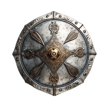 An ancient silver shield isolated on transparent background. PNG file, cut out. AI Generated