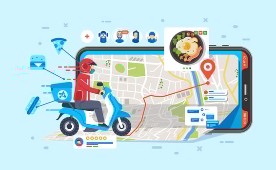courier riding motorcycle to sending food that ordered by people through app in phone vector illustration
