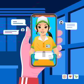 deliverry order app on smartphone, courier girl sending package to customer, girl wearing hat and gloves bring box vector
