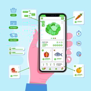 groceries shopping app on mobile phone, groceries online shopping from home delivery from supermarket vector
