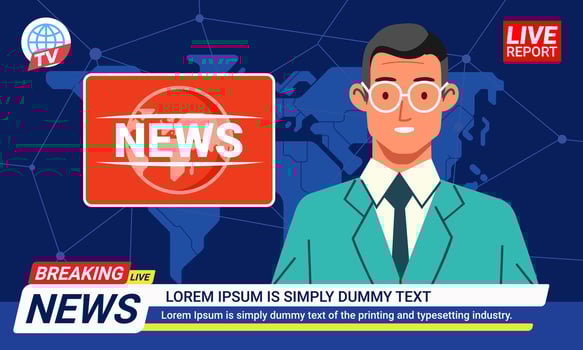 TV anchorman reader on a television program reporting news with world map background vector