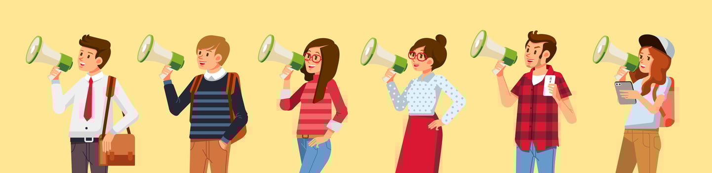 Various people holding megaphone shouting loud calls customers announcing sale Promotion advertising concept vector