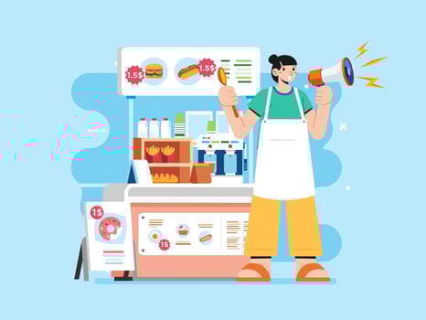 Young girl Happy holding megaphone shouting loud calls customers announcing coffee stall Promotion advertising concept vector