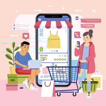 young boy si on box while using laptop and girl holdi troley and smartphone. fashion online shopping flat vector illustration