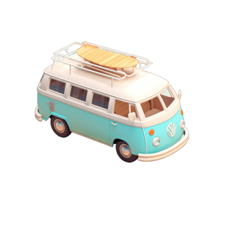 Minibus van with blue sky, sands, beach and palm trees, 3D Icon png