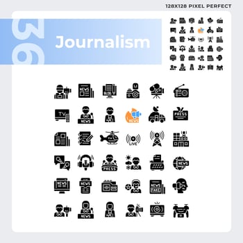 Pixel perfect glyph style icons set representing journalism, black silhouette illustration vector