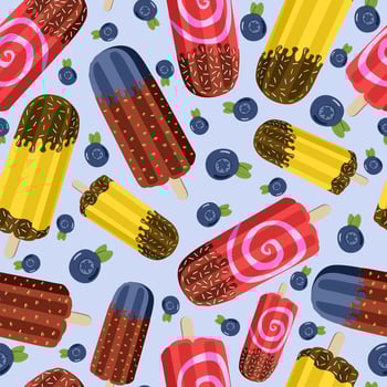 Ice cream seamless pattern. Colorful eskimo with chocolate. Blueberry. Isolated on light blue background. vector
