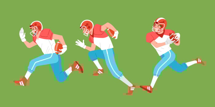 American football sport player in action set carrying  ball and run side view vector
