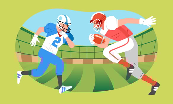 American football players run face each other fighting over the ball on the field vector