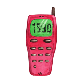 Pink mobile phone with green screen displaying 1990. Hand drawn watercolor illustration isolated on transparent background. Funky cellphone from 90s era. For colorful designs depicting retro culture png