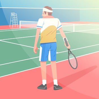 Male tennis player with racket on the edge of the tennis court, modern flat illustration character vector