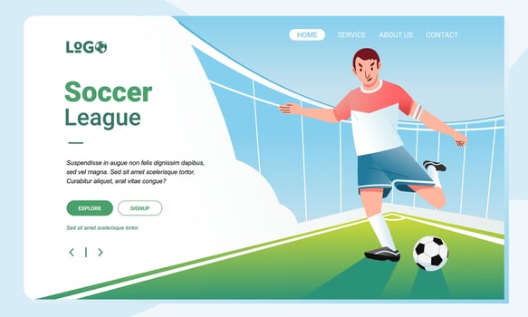 Soccer league banner image illustration template, young man ready to kick soccer ball in the field vector