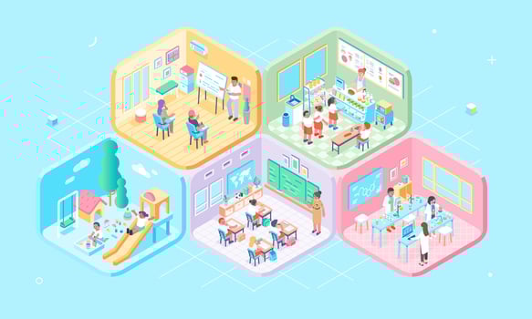 Isometric cells educational activity classrooms, kindergartens, elementary schools, lectures, canteens and laboratories. pastel color palette vector