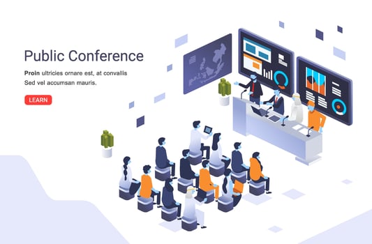 international public conference vector illustration with many participants sit in front of the interviewees