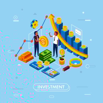 isometric illustration of smart investment, finance and banking with infographic, diagram and people character vector