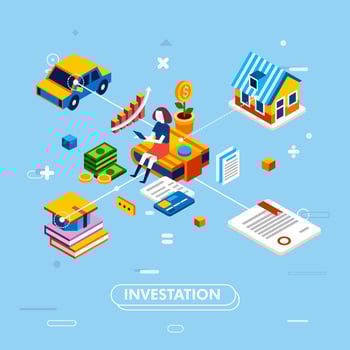 modern isometric design of long term investment or financial investment with smartphone, women, house, car, education, insurance icon vector illustration