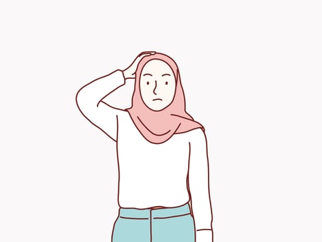 Confused Asian Muslim woman scratching his head simple korean style illustration vector