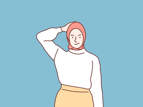 Confused hijab Muslim woman scratching his head simple korean style illustration vector