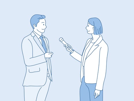 businessman interview about business by reporter woman taking simple korean style illustration vector