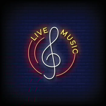 Neon Sign live music with brick wall background vector
