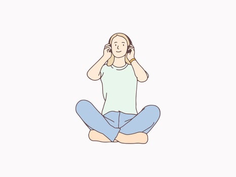 Relax cross legged woman hearing music from headphones simple korean style illustration vector