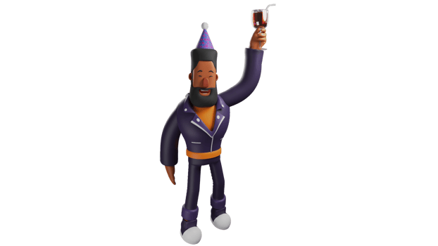 3D Illustration. Handsome Men 3D Cartoon Character. The man who came to his friend's birthday party. Funny Men when wearing a birthday hat. Bearded men carrying a glass of wine. 3D cartoon character png