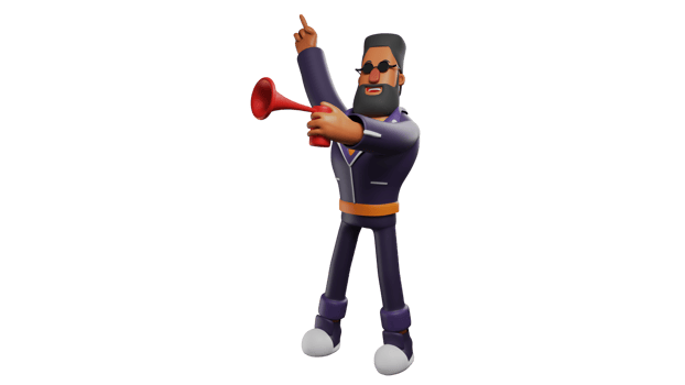 3D Illustration. Agile men 3D cartoon character. A bearded man wearing sunglasses. Cool men enjoy a very happy party. The bearded man burned the trumpet that he was holding. 3D cartoon character png
