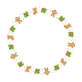 Round Gingerbread Cookies Frame Border, Christmas Winter Holiday Graphics. Homemade sweets pattern, card and social media post template on white background. Isolated vector illustration.