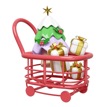 shopping cart with christmas tree, gift box. merry christmas and happy new year, 3d render illustration png