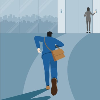 Back view of business man running to office lift hall. Hurry up to be on time vector
