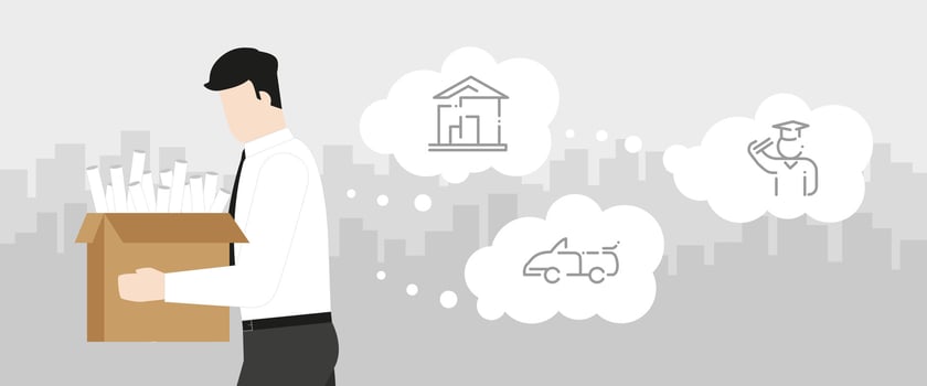 Unemployed concept. Office man with his box of properties leaving from workplace vector