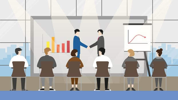 Joint venture in conference hall interior indoor workplace. Greeting businessman vector