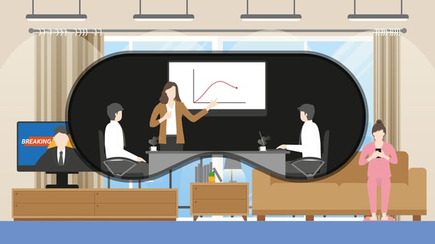 Metaverse technology concept. Businessman in goggles teleconference vector