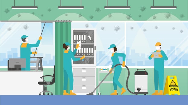 Routine cleaning crew team in doctor's office at the hospital. vector
