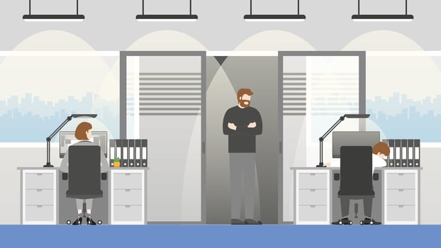 Tired businessman sleep while sitting on his desk in office workplace. vector