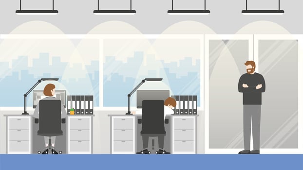 Angry boss and manager standing near exhausted employee take a nap vector