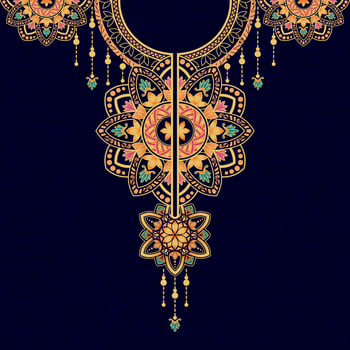 Luxury mandala pattern in gold and blue colors for embroidery and decoration on the neck of the kaftan dress, blouse, and front slit dress.The neck design with the mandala motifs in bright colors. vector