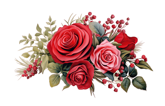 Red Roses Bouquet of garden flowers Floral arrangement isolated on transparent background. PNG file, cut out. AI Generated